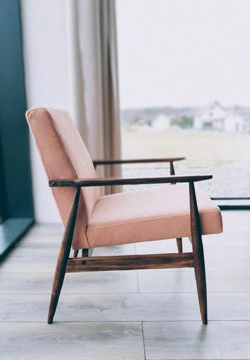 Moderne fauteuil uit het midden van de eeuw, zalmroze cordur, Antiek en Kunst, Antiek | Meubels | Stoelen en Sofa's, Ophalen of Verzenden