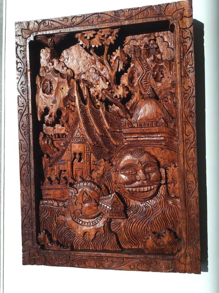 gedetailleerd Balinees houtsnijwerk wandpaneel, Antiek en Kunst, Kunst | Beelden en Houtsnijwerken, Ophalen of Verzenden