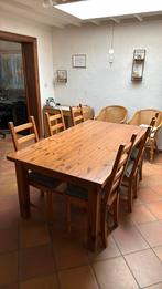Grenen tafel 180x100. incl 6 stoelen en kussentjes, Ophalen, Gebruikt, 6 tot 8 stoelen