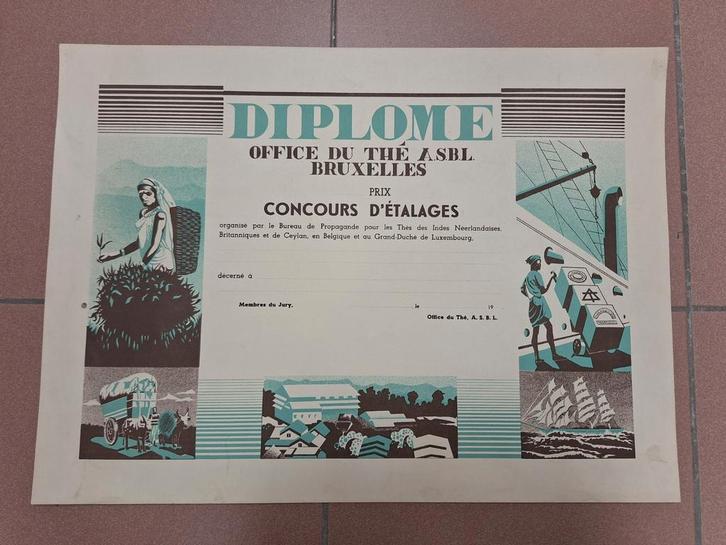 Affiche du Diplome Office du Thé asbl Bruxelles, Collections, Marques & Objets publicitaires, Panneau publicitaire, Enlèvement ou Envoi