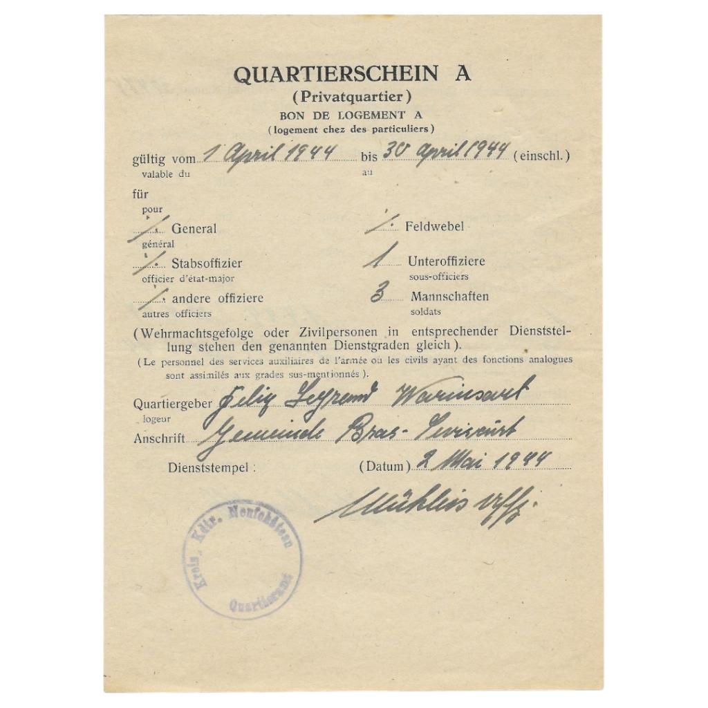 Duits Document - Quartierschein A (Inkwartiering) - 1944, Collections, Enlèvement ou Envoi, Armée de terre, Autres types