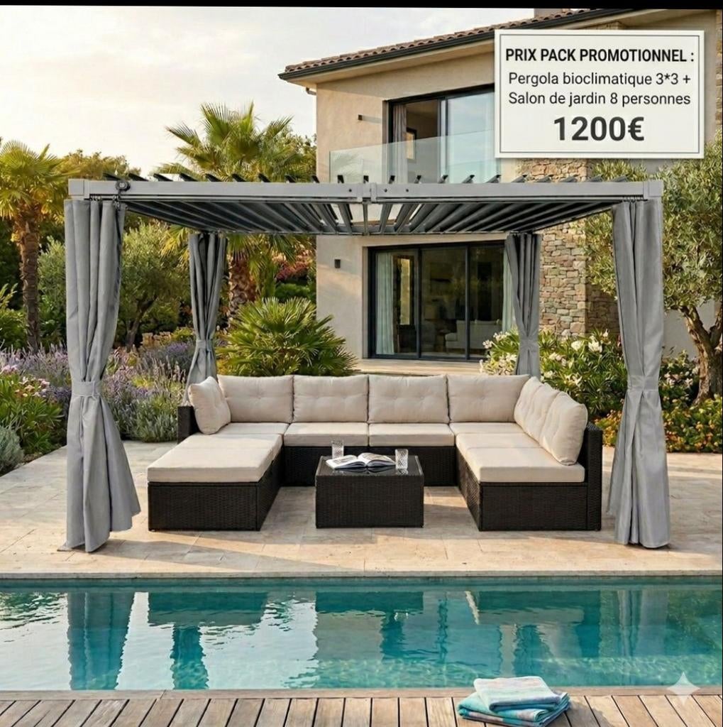 Salon de jardin plus pergola, 8 zitplaatsen