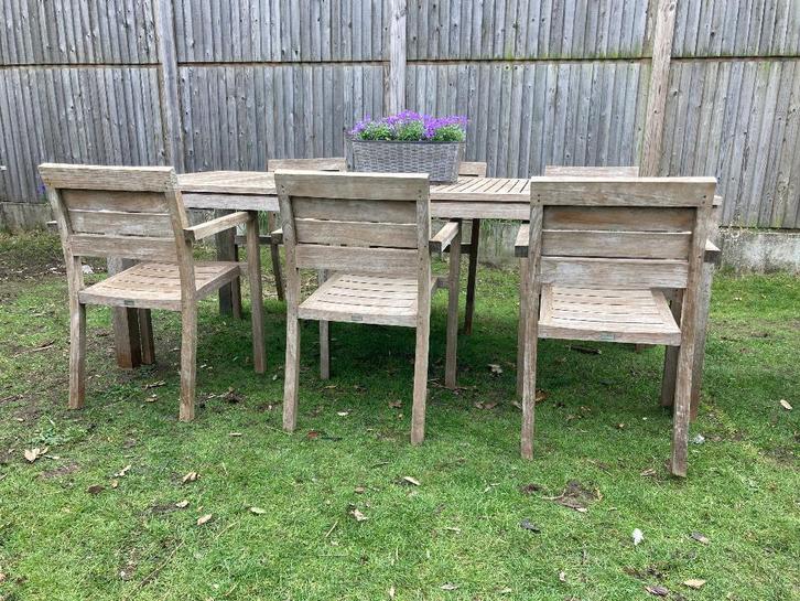 Tuinset tafel stoelen  teak zeer robuust en stijlvol 6pers, Tuin en Terras, Tuinsets en Loungesets, Zo goed als nieuw, Tuinset