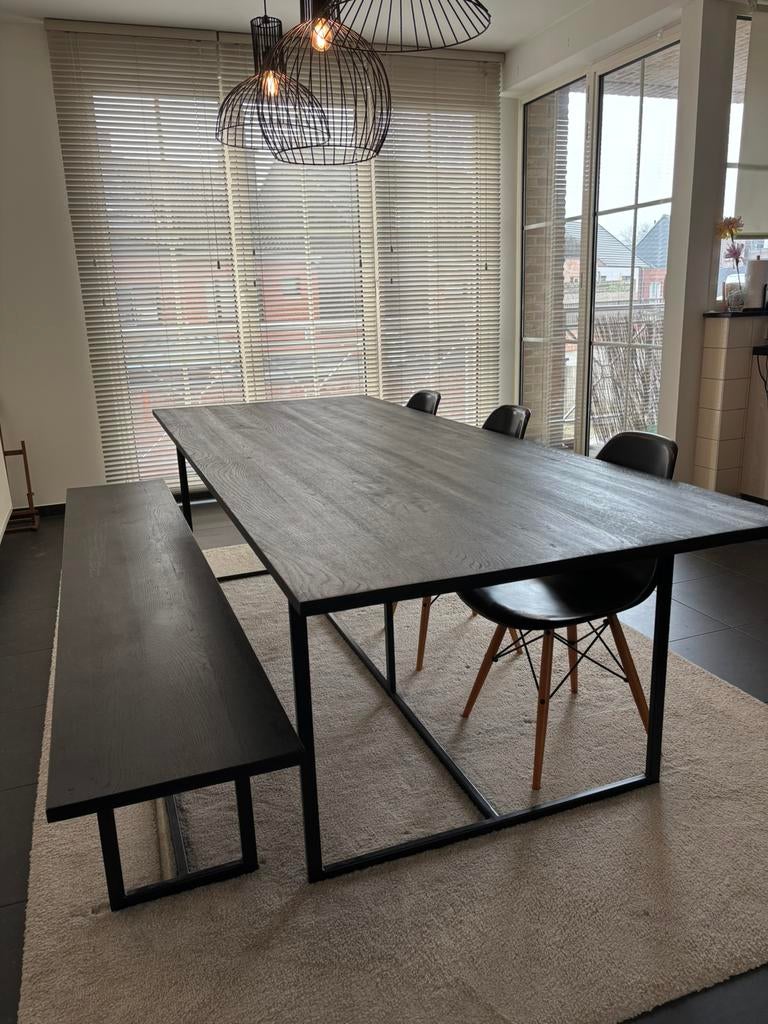 Zwarte eiken eettafel 260 met bank 240, Huis en Inrichting, Tafels | Eettafels, Zo goed als nieuw, Ophalen