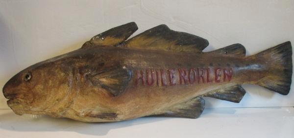 panneau ancien  papier mâché publicitaire huile de poisson, Antiquités & Art, Curiosités & Brocante, Envoi