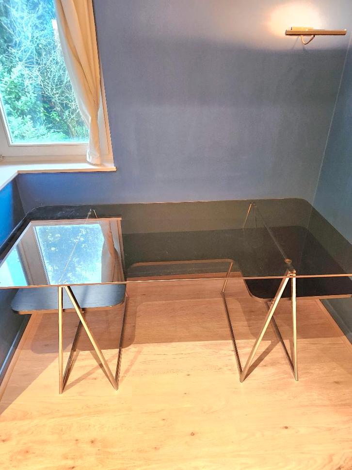 Bureau design unique plaque verre sur trétaux chromés, Maison & Meubles, Bureaux, Comme neuf, Verre, Noir, Enlèvement ou Envoi