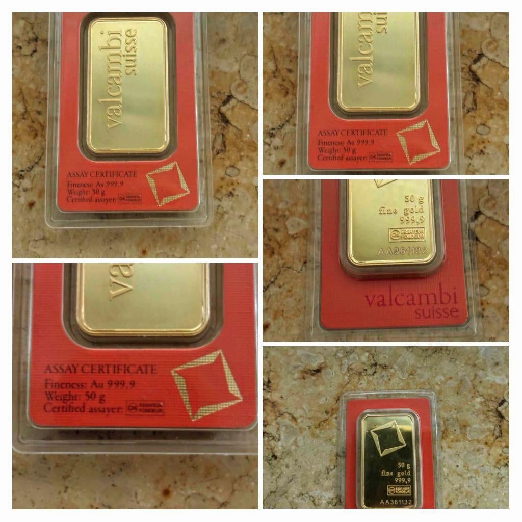 Lingot d'or Valcambi Suisse 50g (999.9), Timbres & Monnaies, Enlèvement, Or