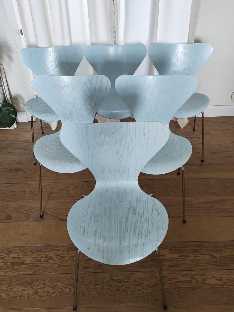 6 Stoelen Fritz Hansen Series 7 Arne Jacobsen, Maison & Meubles, Chaises, Design, Enlèvement, Bois, Bleu