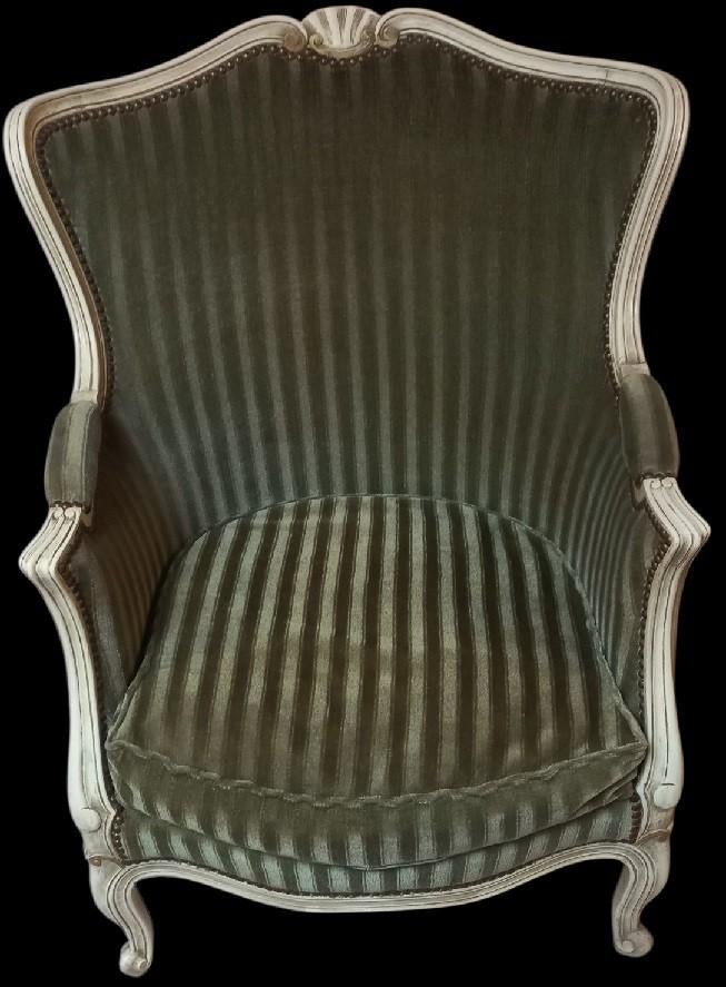 Louis XV Bergere zetel. groene bekleding., Antiek en Kunst, Antiek | Meubels | Stoelen en Sofa's, Ophalen
