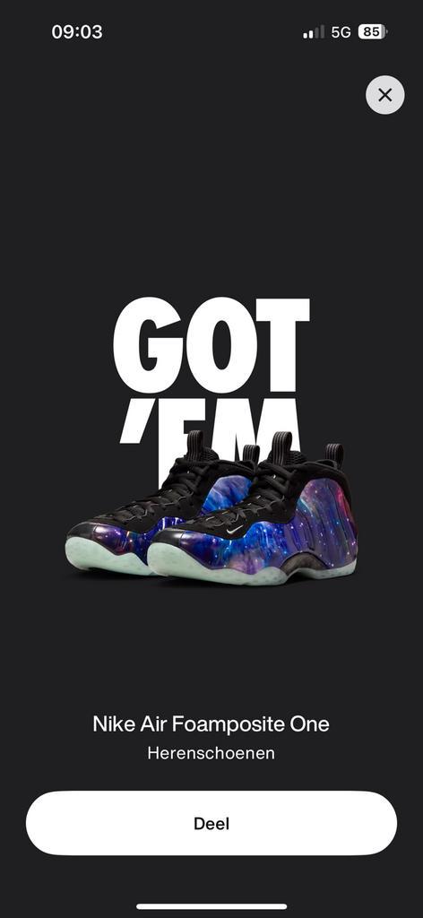 Nike Air Foamposite One Galaxy 2025 Maat 45,5, Kleding | Heren, Schoenen, Zo goed als nieuw, Ophalen of Verzenden
