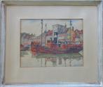 ALFONS VAN BEURDEN / BOOTJES AAN KADE / ORIGINEEL / 48x56cm, Antiek en Kunst, Ophalen of Verzenden