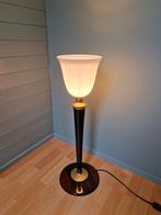 Mazda Art Deco lamp in hout/messing en witte opaline, Antiek en Kunst, Ophalen of Verzenden