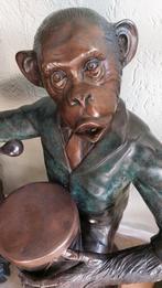 Bronzen beeld aap Chimpansee met trommel, Antiek en Kunst, Ophalen