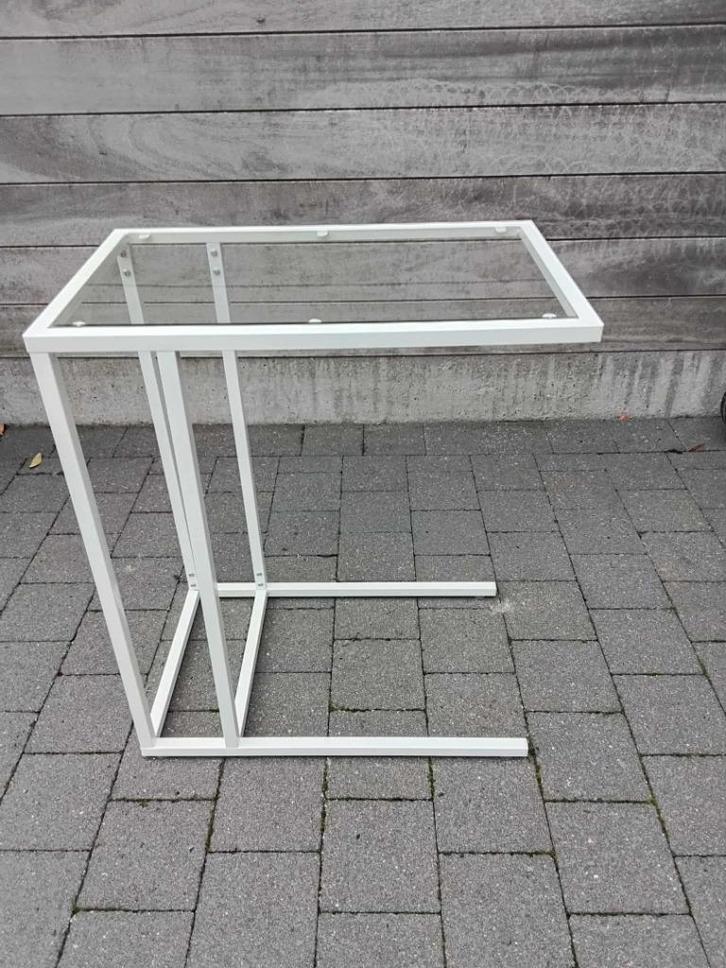 bijzettafeltje wit glas, Huis en Inrichting, Tafels | Bijzettafels, Zo goed als nieuw, Rechthoekig, Metaal of Aluminium, Ophalen