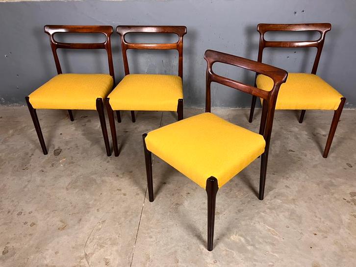 Palissander stoelen nieuw gestoffeerd MId Century Vintage, Huis en Inrichting, Stoelen, Gebruikt, Vier, Hout, Bruin, Ophalen