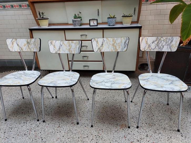 4 Stuks formica stoelen marmermotief, vintage, Huis en Inrichting, Stoelen, Gebruikt, Vier, Ophalen