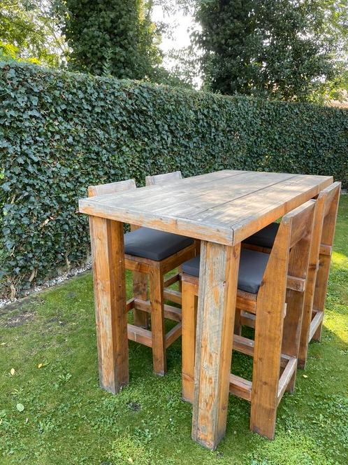 Hoge bar tafel met 4 stoelen steigerhout, Tuin en Terras, Tuintafels, Gebruikt, Rechthoekig, Hout, Ophalen