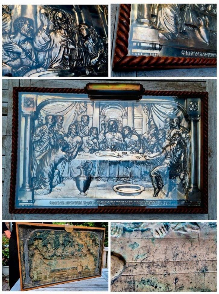 Laatste avondmaal in verzilverd koper, 79 x 49,5 cm, Antiek en Kunst, Antiek | Religieuze voorwerpen, Ophalen