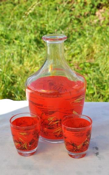 carafe sans bouchon decor orange japonisant+ 2 verres beschikbaar voor biedingen