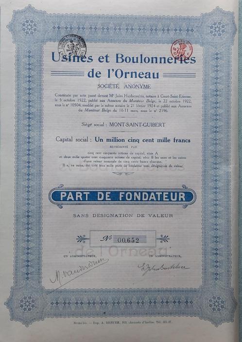 Usines et Boulonneries de l'Orneau - M.Saint-Guibert - 1924, Postzegels en Munten, Aandelen en Waardepapieren, Aandeel, 1920 tot 1950