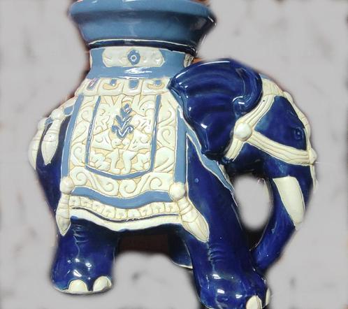 3) Porte-plante éléphant céramique bleu +-40cms., Huis en Inrichting, Woonaccessoires | Zuilen en Pilaren, Gebruikt, Ophalen