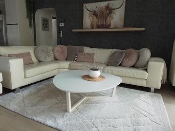 blanc beige Canapé d'angle en cuir véritable avec pouf, Enlèvement, Comme neuf, Cuir, Hedendaags