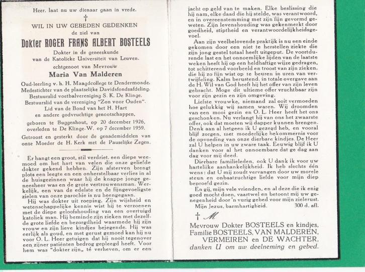 DP Dokter Roger Bosteels, Verzamelen, Bidprentjes en Rouwkaarten, Bidprentje, Verzenden
