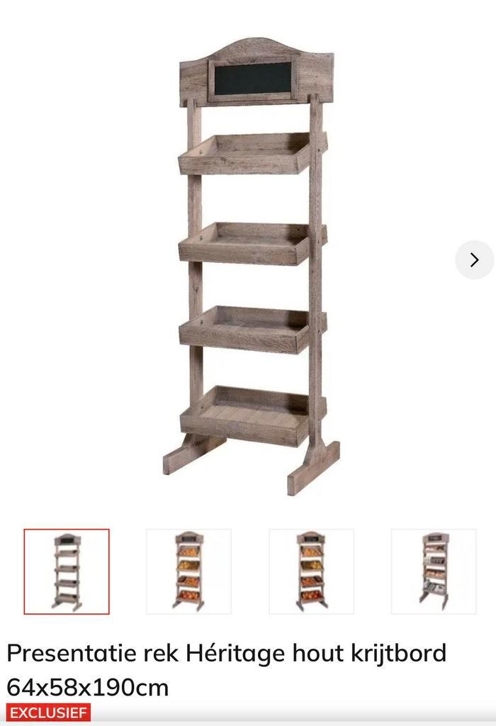 Presentatie rek hout met krijtbord en kantelbare legplanken, Huis en Inrichting, Woonaccessoires | Etagères, Zo goed als nieuw