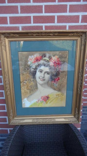 Aquarel, dame met bloemen van J. Fouche beschikbaar voor biedingen