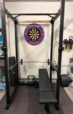 Rack cage musculation + banc + barres + poids + Halteres, Sports & Fitness, Équipement de fitness, Enlèvement, Comme neuf, Banc d'exercice