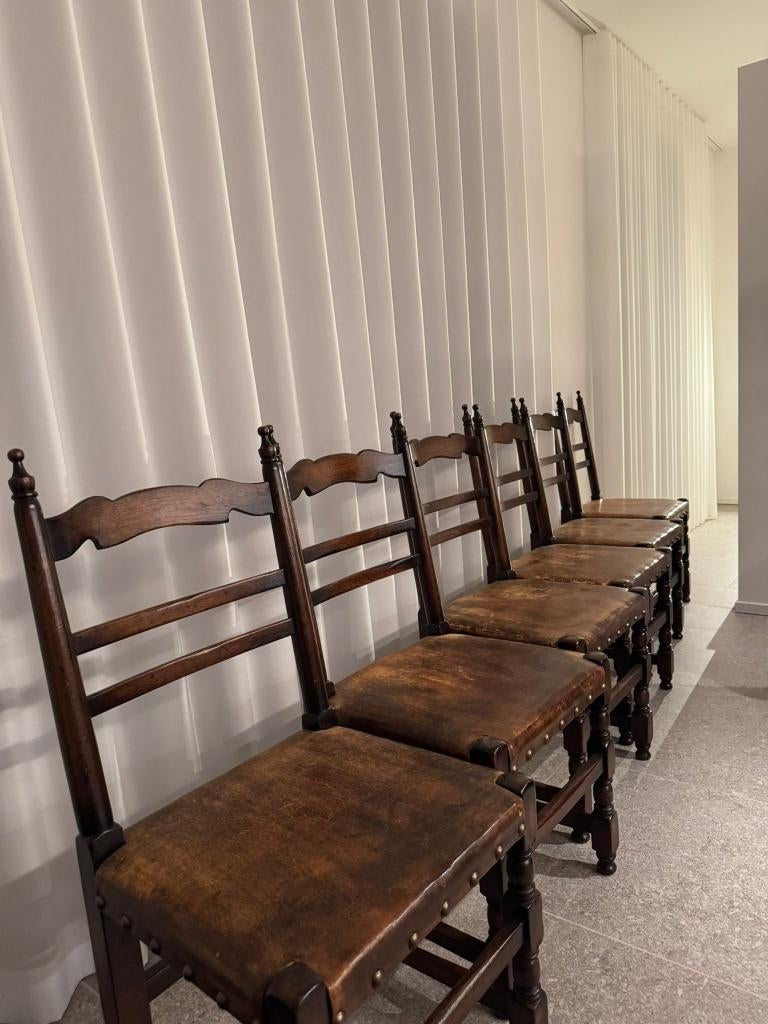 6 chaises de salle à manger en chêne et cuir, Maison & Meubles, Chaises, Utilisé, Cinq, Six Chaises ou plus, Bois, Cuir, Brun