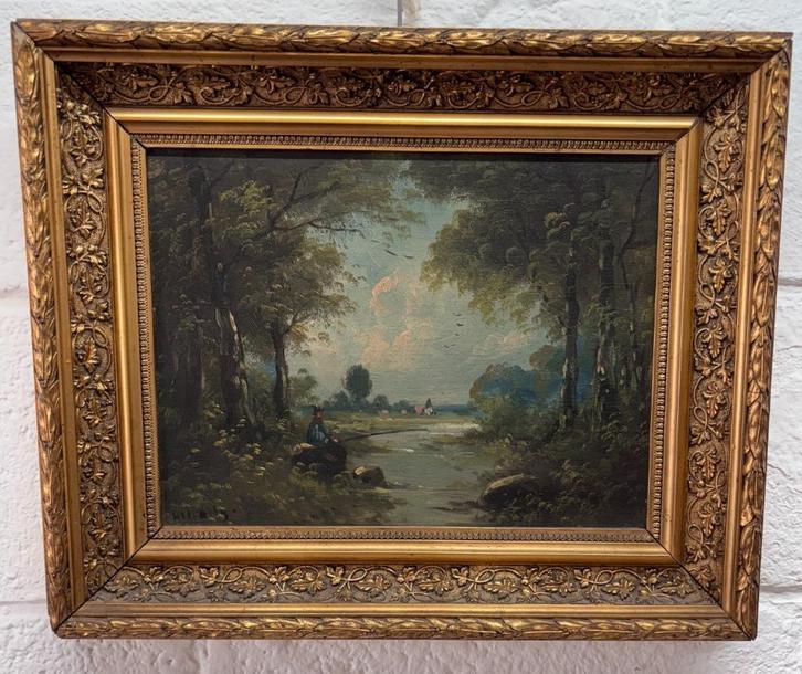 Antiek geschilderd landschap – gesigneerd – 43 x 36 cm, Antiek en Kunst, Kunst | Schilderijen | Klassiek, Ophalen