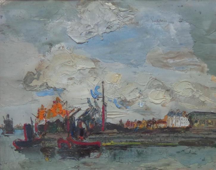 JACK GODDERIS / BOTEN IN HAVEN / OLIEVERF / 48x58cm KADER, Antiquités & Art, Art | Peinture | Moderne, Enlèvement ou Envoi