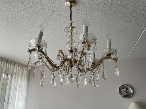 Sierlijke Kroonluchter – Messing en glas – 5 Armaturen, Huis en Inrichting, Lampen | Kroonluchters, Gebruikt, Glas, Metaal, Ophalen
