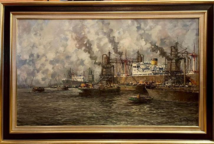 schilderij Rotterdam Havenzicht, Antiek en Kunst, Kunst | Schilderijen | Klassiek, Ophalen