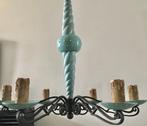 Vintage luchter in smeedijzer en turqoise keramiek,, Huis en Inrichting, Ophalen, Gebruikt, Vintage
