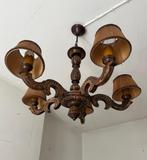 houten luster met 5 kapjes, Maison & Meubles, Lampes | Lustres, Enlèvement, Tissus, Utilisé