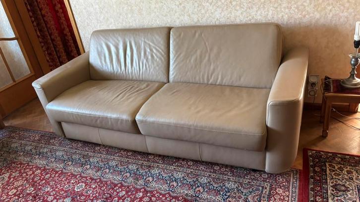 Lederen sofa / zetelbed, Maison & Meubles, Chambre à coucher | Canapés-lits, Comme neuf, Beige, Enlèvement