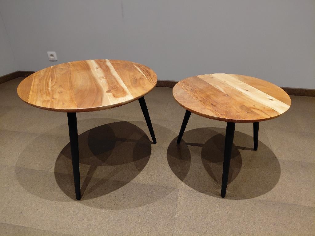 Twee salon- of bijzettafels van acaciahout en zwart metaal, Ophalen, Zo goed als nieuw, Overige houtsoorten, Vintage