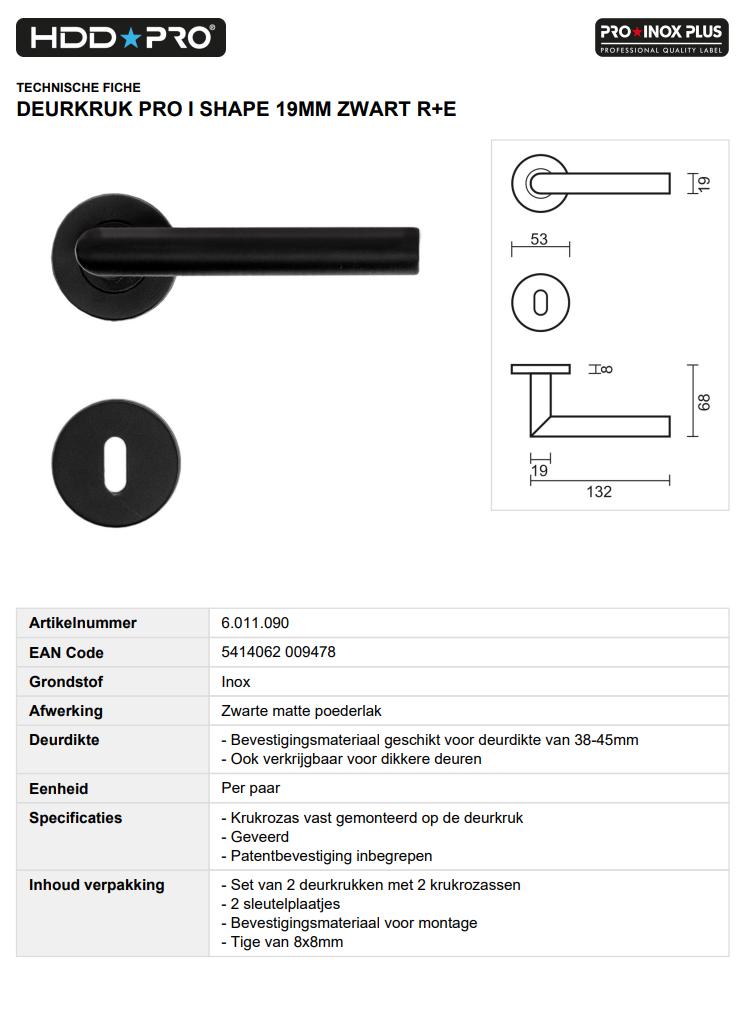 Deurkruk PRO I shape 19mm zwart R+E 2set - Eeklo, Ophalen of Verzenden, Nieuw, Klink of Kruk