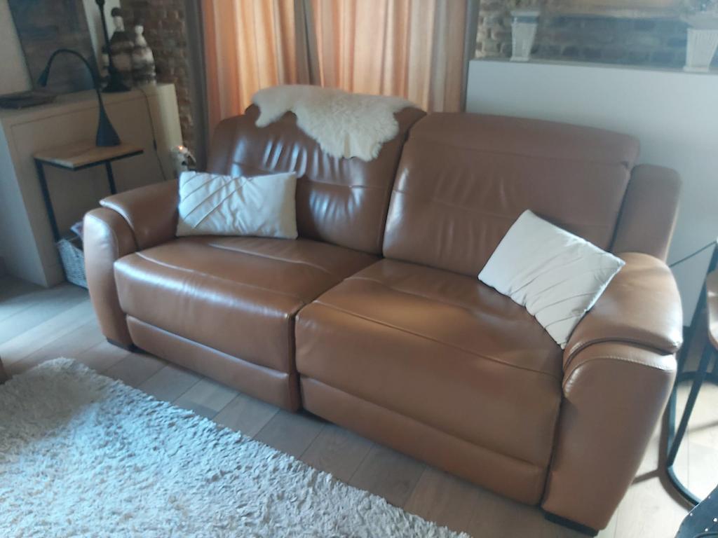 Elektrisch verstelbare dubbele leren relaxzetel, Huis en Inrichting, Zetels | Zetels, Zo goed als nieuw, Leer, Ophalen