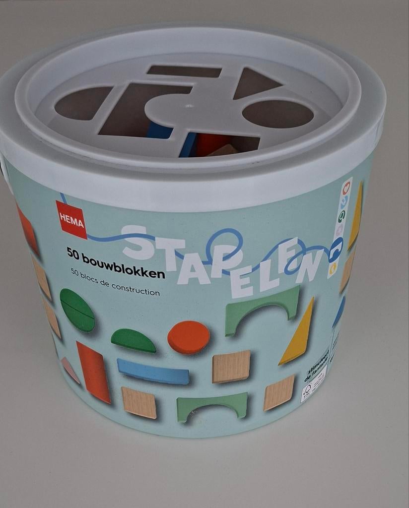 Baril de 50 blocs de construction en bois HEMA, Enlèvement, Comme neuf, Autres types