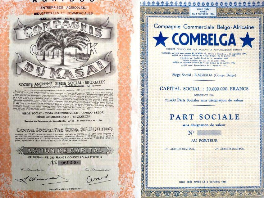 2X Belgisch Congo 1952 & 1955, Postzegels en Munten, Aandelen en Waardepapieren, Aandeel, 1950 tot 1970, Ophalen of Verzenden