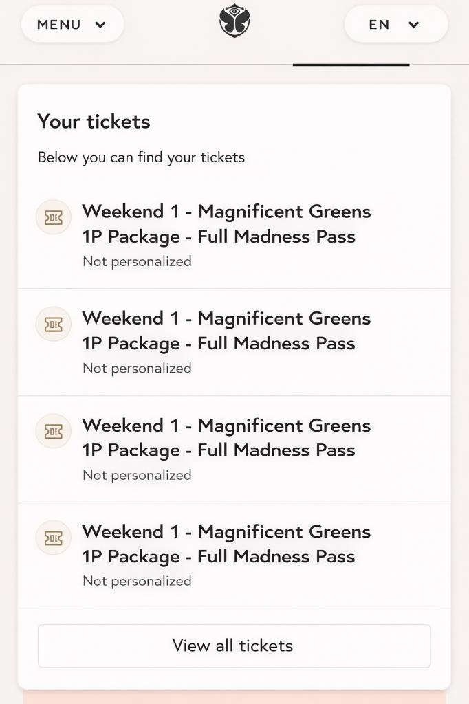 Tomorrowland Magnificent Greens 1p with full madness pass W1, Tickets & Billets, Événements & Festivals, Trois personnes ou plus