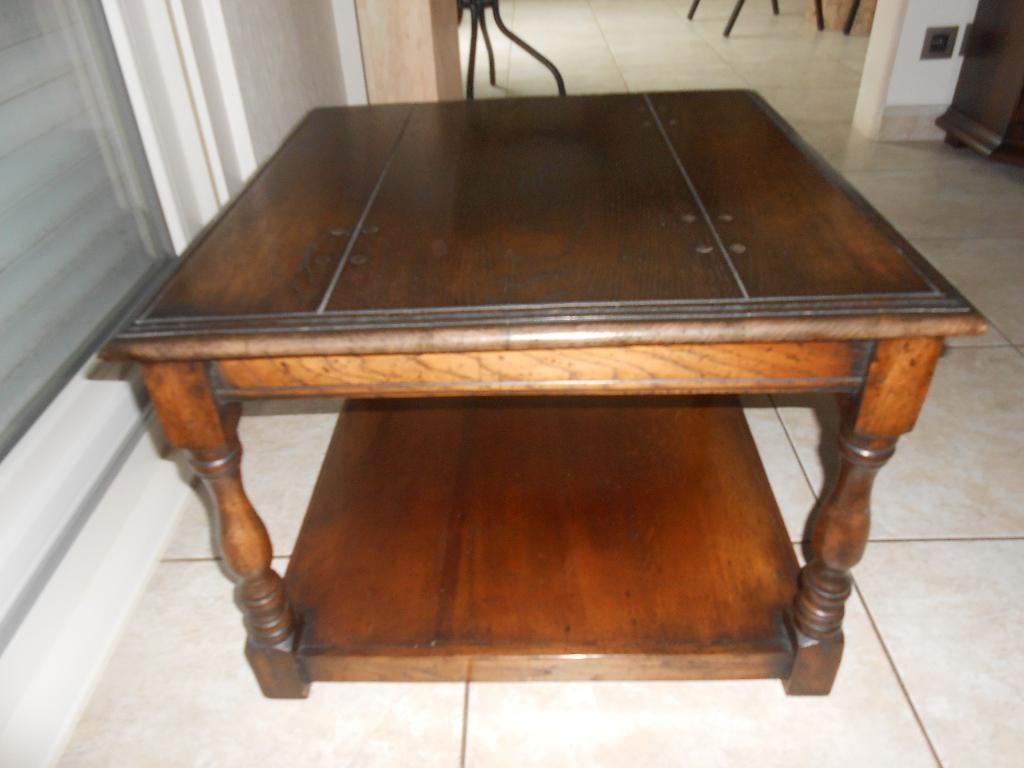 Salontafel in massief eik 65x65x45cm houten pluggen, Ophalen, Gebruikt, 50 tot 75 cm, Rustiek