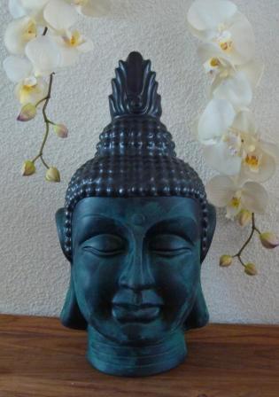 Prachtig smaragdgroen Boeddhahoofd van aardewerk, Verzamelen, Religie, Nieuw, Hindoe, Ophalen of Verzenden