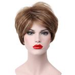 Moderne pruik kort haar in laagjes lichtbruin met highlights, Handtassen en Accessoires, Verzenden, Nieuw