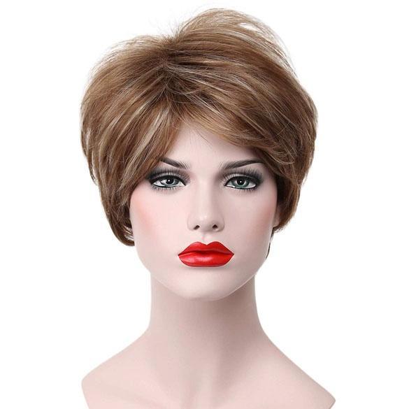 Moderne pruik kort haar in laagjes lichtbruin met highlights, Handtassen en Accessoires, Uiterlijk | Haarverzorging, Nieuw, Verzenden