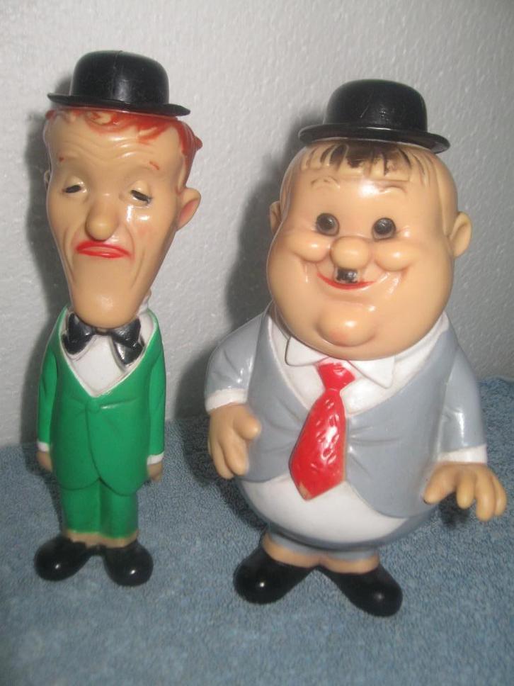 Vintage Laurel en Hardy piepers, Ledraplastic, 1962, Verzamelen, Poppetjes en Figuurtjes, Ophalen of Verzenden
