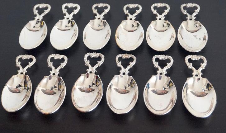 12 Cuillères de Présentation en Argent Plaqué, Antiquités & Art, Antiquités | Argent & Or, Argent, Enlèvement ou Envoi